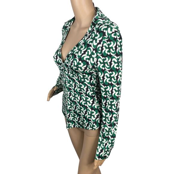 NEW Zara Green White Black Retro Disco Geometric Swirl Button Down Shirt SZ S - Picture 6 of 10